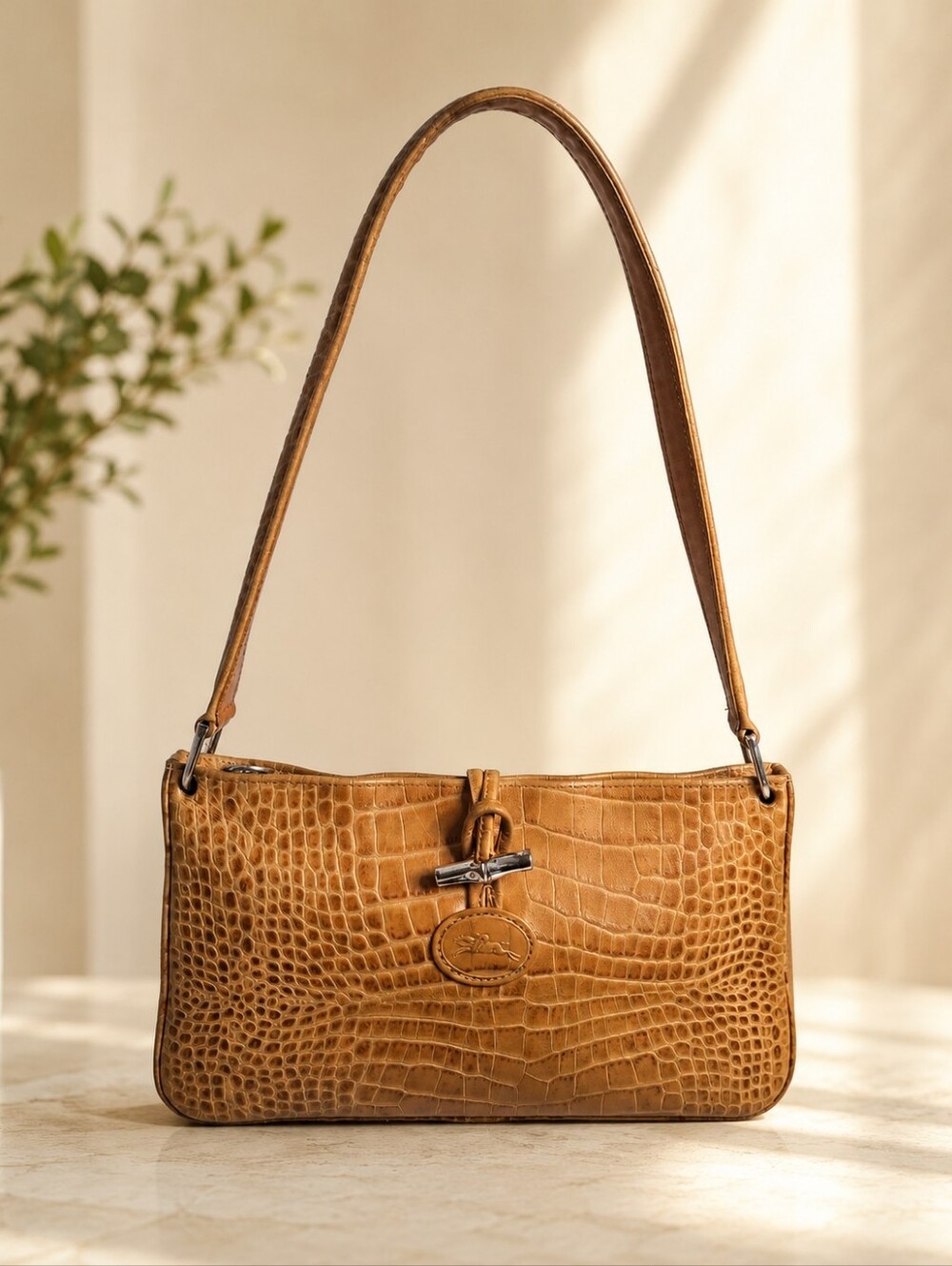 Longchamp Roseau Vintage Croc Embossed Leather Baguette Shoulder Bag Tan